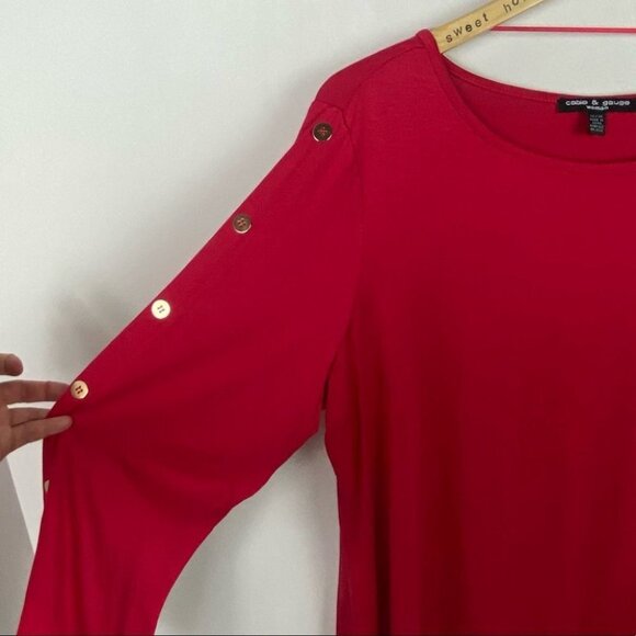 Cable Gauge Red Split Bell Sleeve Buttons Size 1X Blouse Crew Neck Top Blouse - Picture 6 of 10